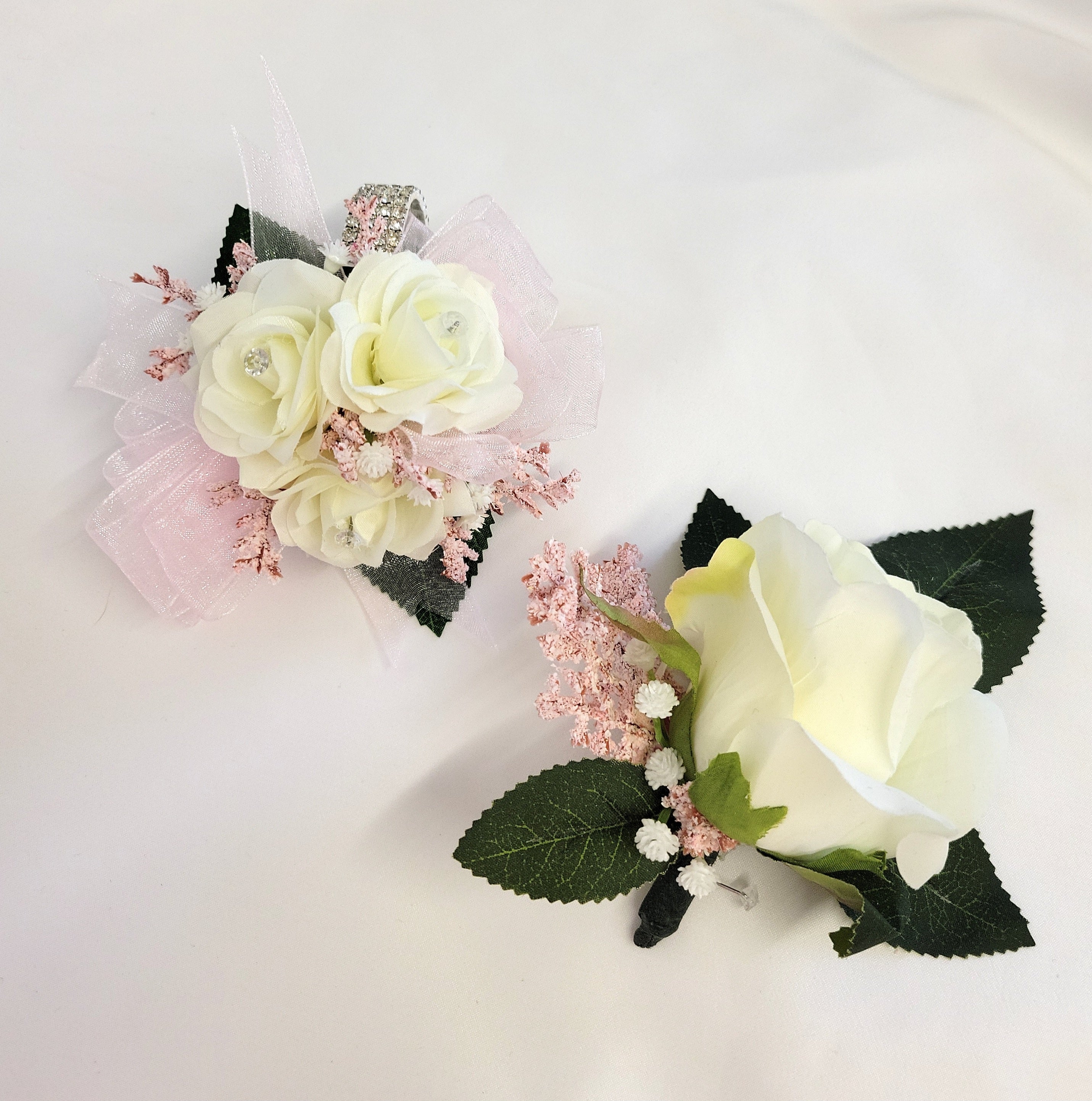 Pink & Ivory Rose Corsage & Boutonniere