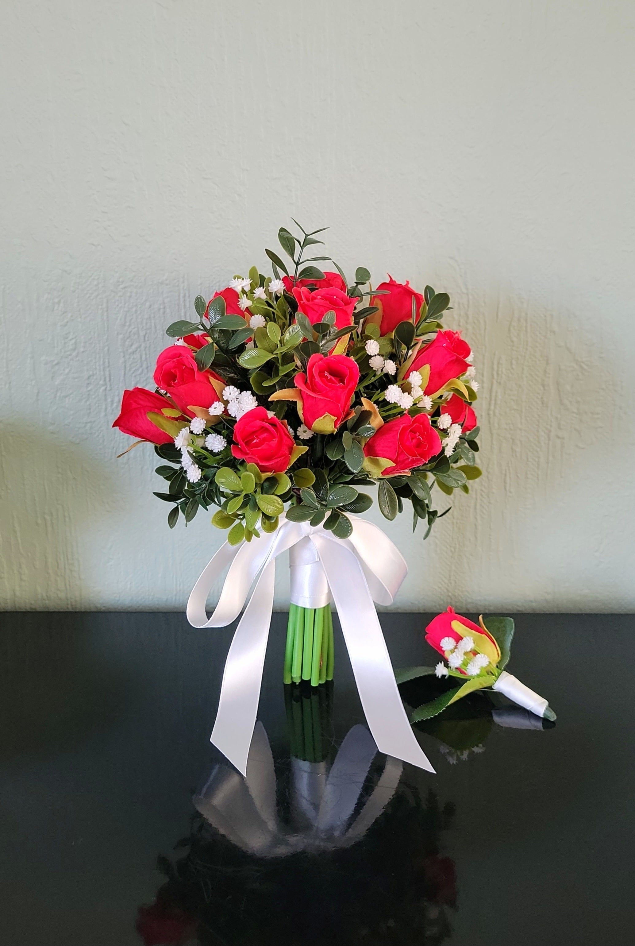 Artificial Red Rose Bud Bridal Bouquet