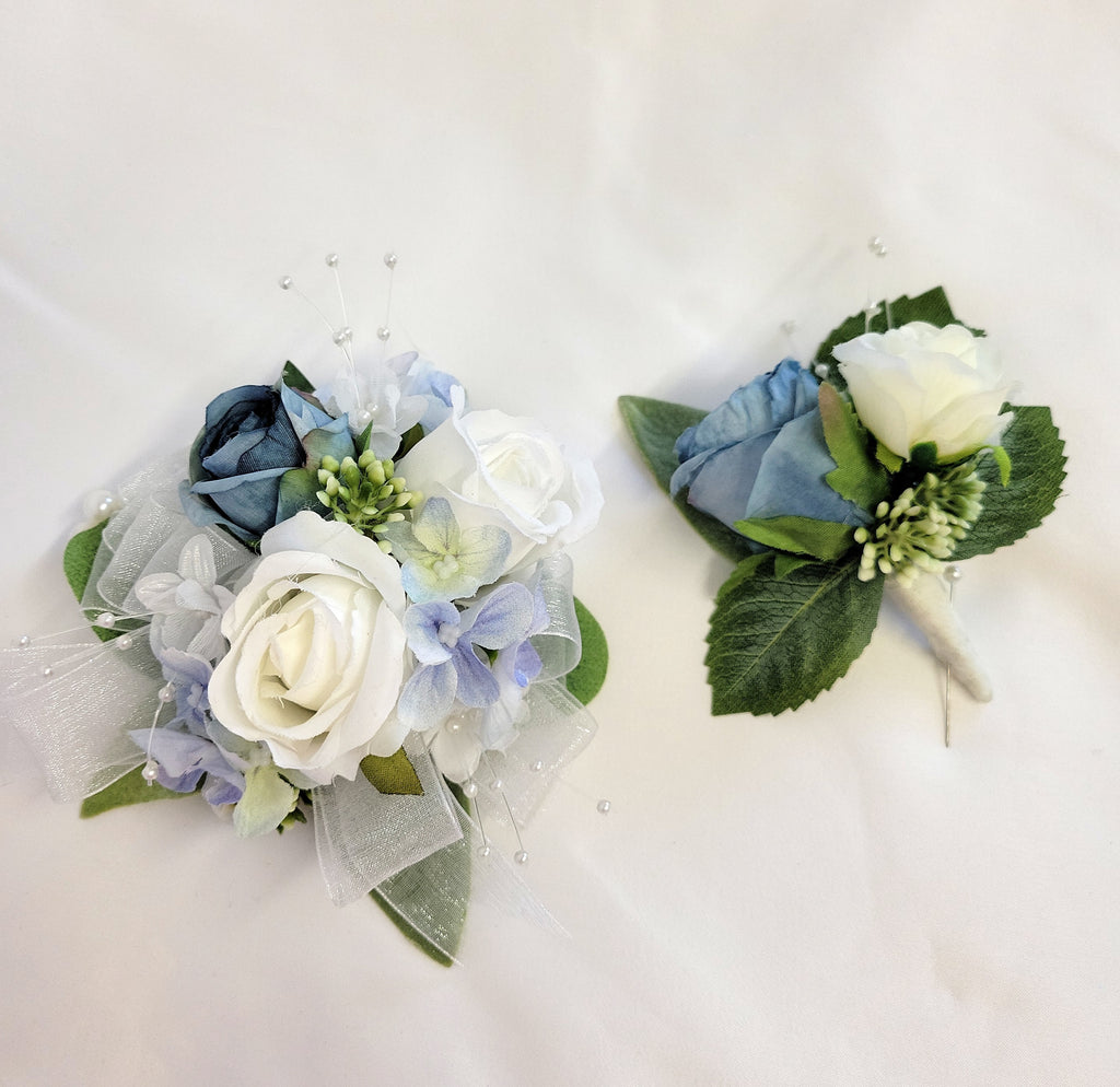 Blue & White Prom/Wedding Corsage & Boutonniere