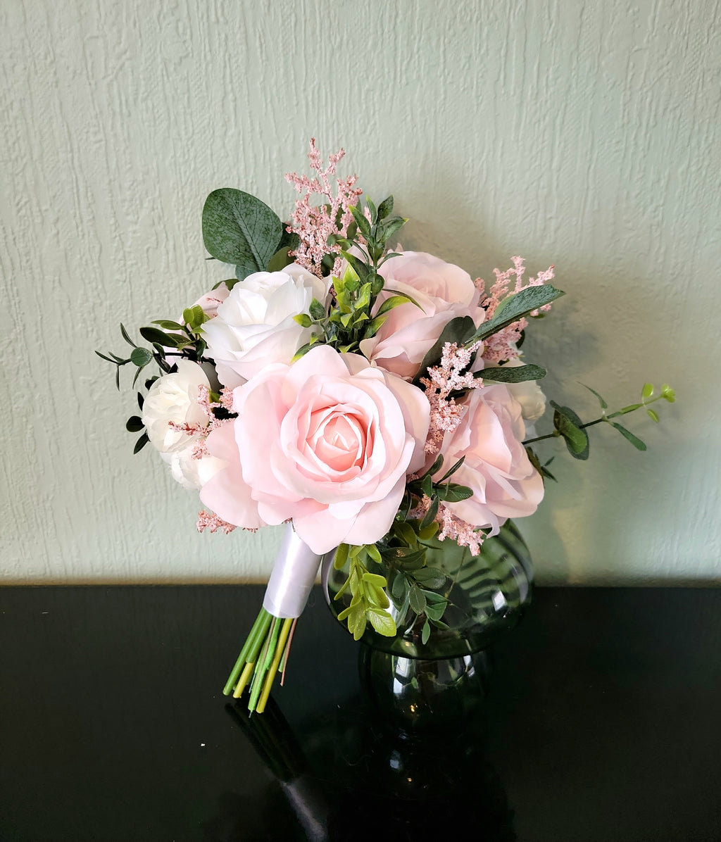 Artificial Pink & White Rose Bridal Bouquet
