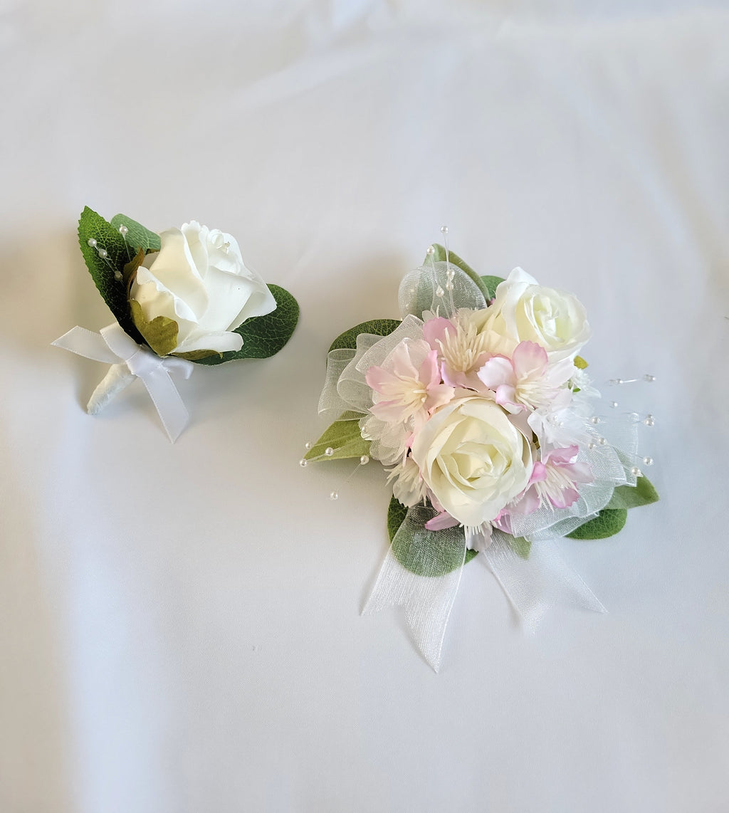 White Rose & Pale Pink Corsage & Boutonniere Set