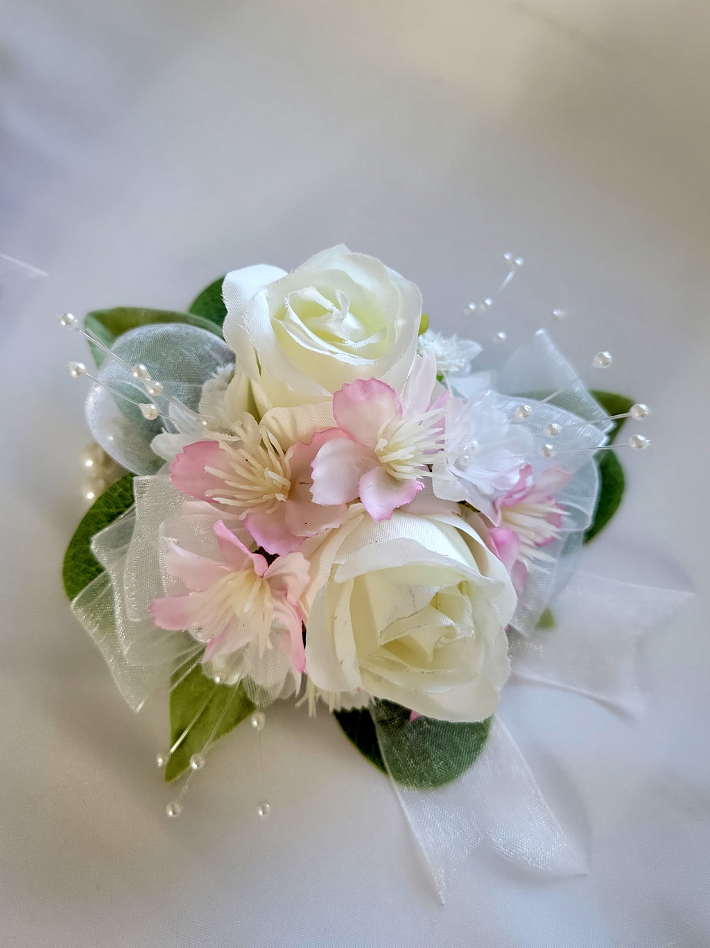 White Rose & Pale Pink Corsage & Boutonniere Set