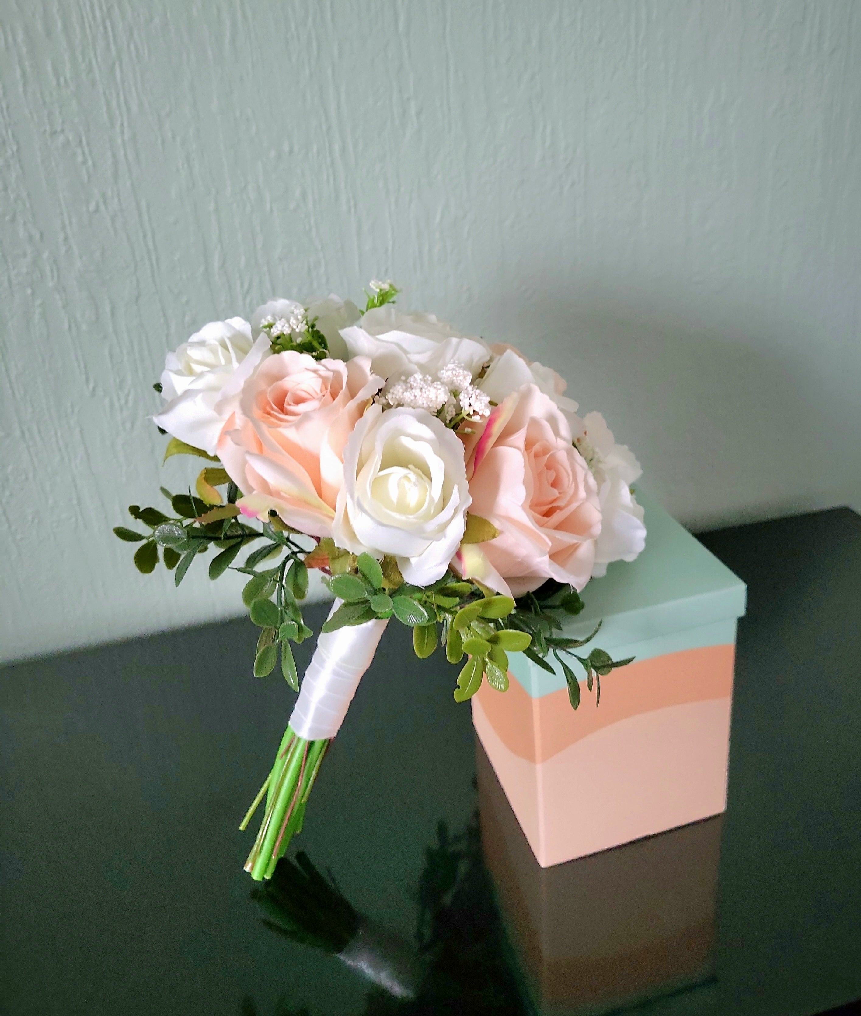 Artificial White & Pink Rose Bridesmaid bouquet